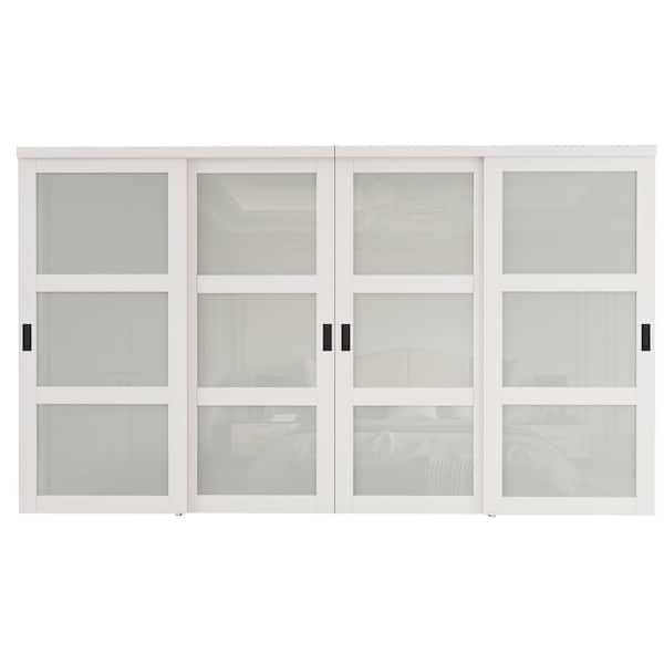 144 in. x 96 in. 3-Lite Frosted Glass White Finished MDF Interior Closet Sliding Door with Hardware and Black Handles