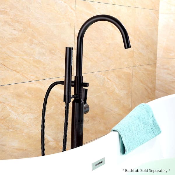 Modern Freestanding Single-Handle Floor-Mount Roman Tub Faucet Filler with Hand Shower in Oil Rubbed Bronze