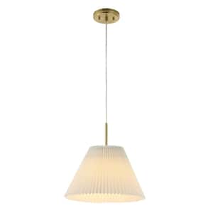 Alden 14.25 in. 40-Watt 1-Light Gold Classic French Country Iron LED Pendant Light with Pleated Shade, Brass Gold/White
