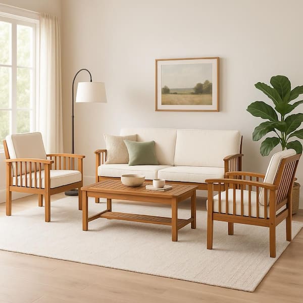 Sayan Brown 4-Piece Wood Outdoor Patio Conversation and Coffee Table Set with Beige Cushions, Loveseat and 2-Chairs