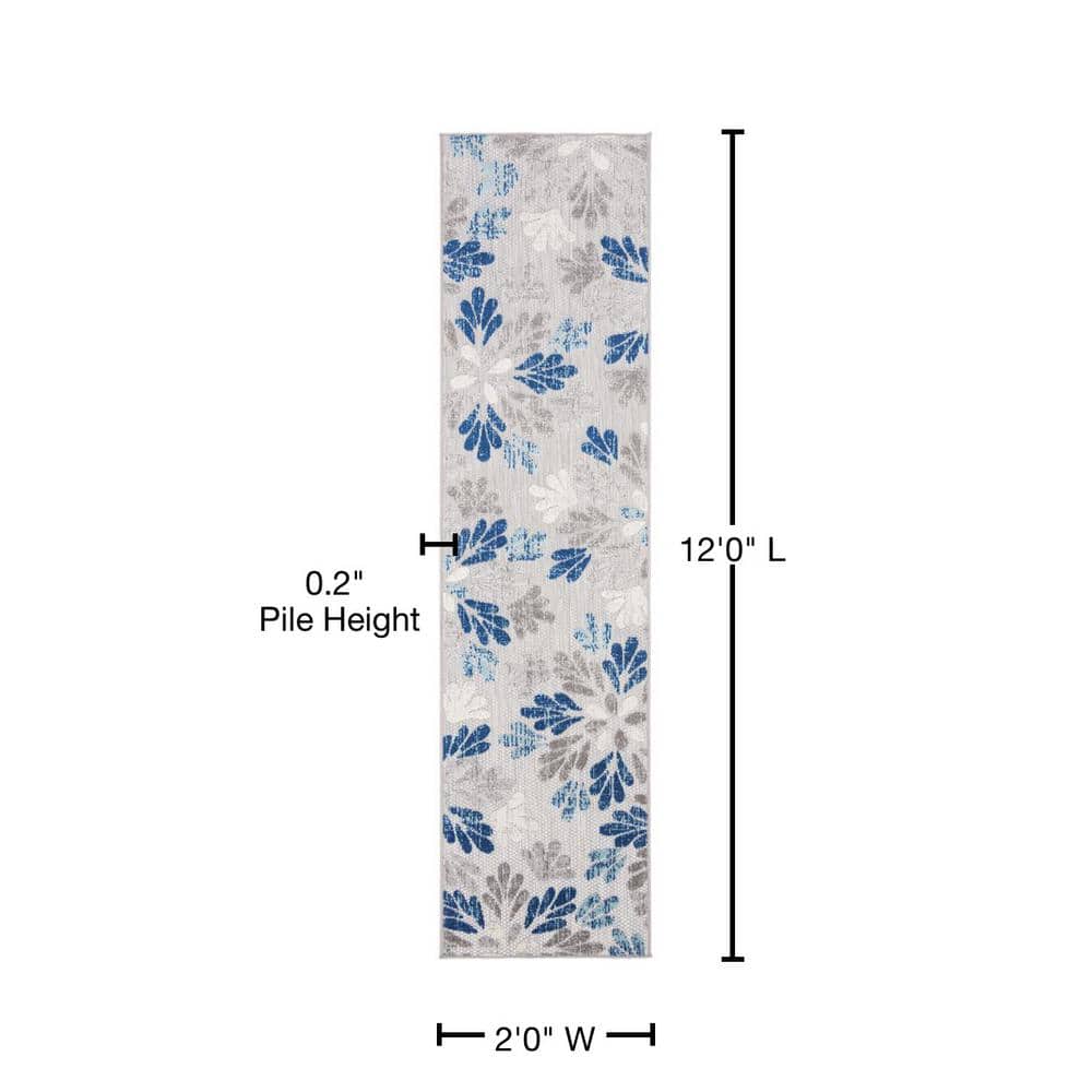 Grey/Blue Floral Flat Woven Easy-Care Runner Rug 24x12