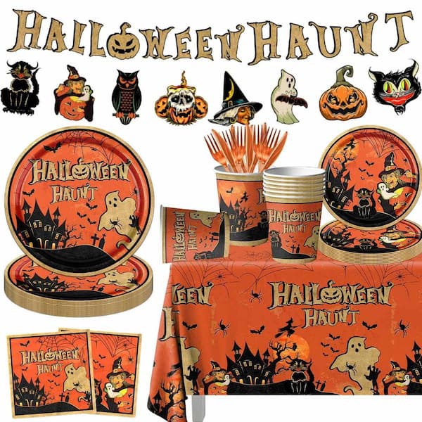 142-Piece Halloween Vintage Decorations Tableware, Halloween Themed Party Supplies Retro Ghost Haunt Pumpkin decor