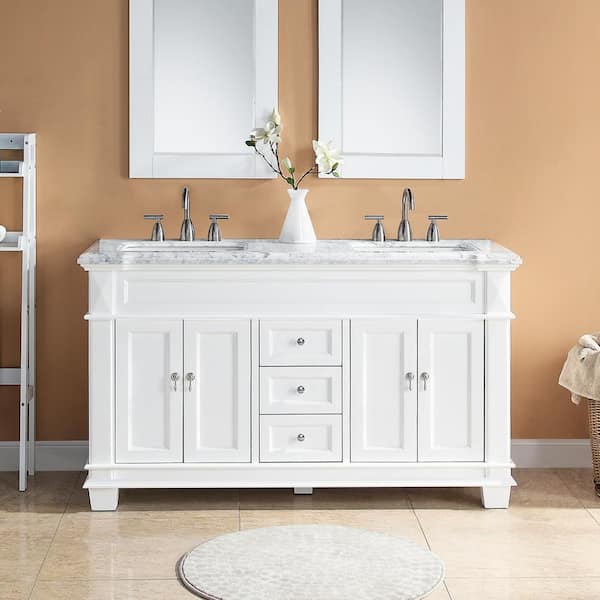 HOMEVY STUDIO Dorian 60 in. W x 22 in. D x 35.63 in. H Double Sink Freestanding Bath Vanity in Matte White with Carrara Marble Top