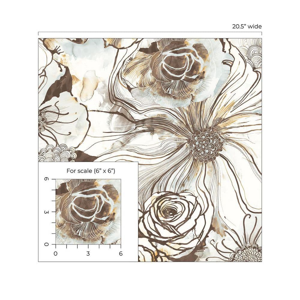 Mocha and Blue Mist Floral Vinyl Peel and Stick Wallpaper