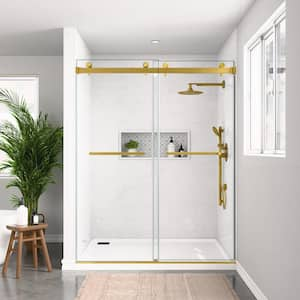 56-60 in. W x 76 in. H Double Sliding Frameless Shower Door in Brushed Gold with Smooth Sliding and 3/8 in. Clear Glass