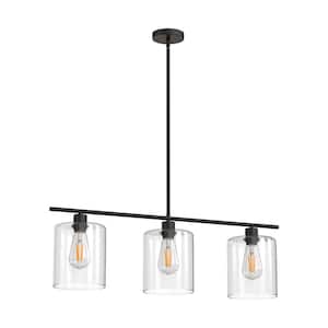 3-Light Linear Kitchen Island Pendant - Black with Clear Glass Shades