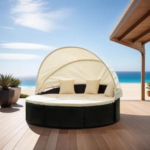Black Wicker Outdoor Sectional Round Daybed with Retractable Canopy and Creme Cushions