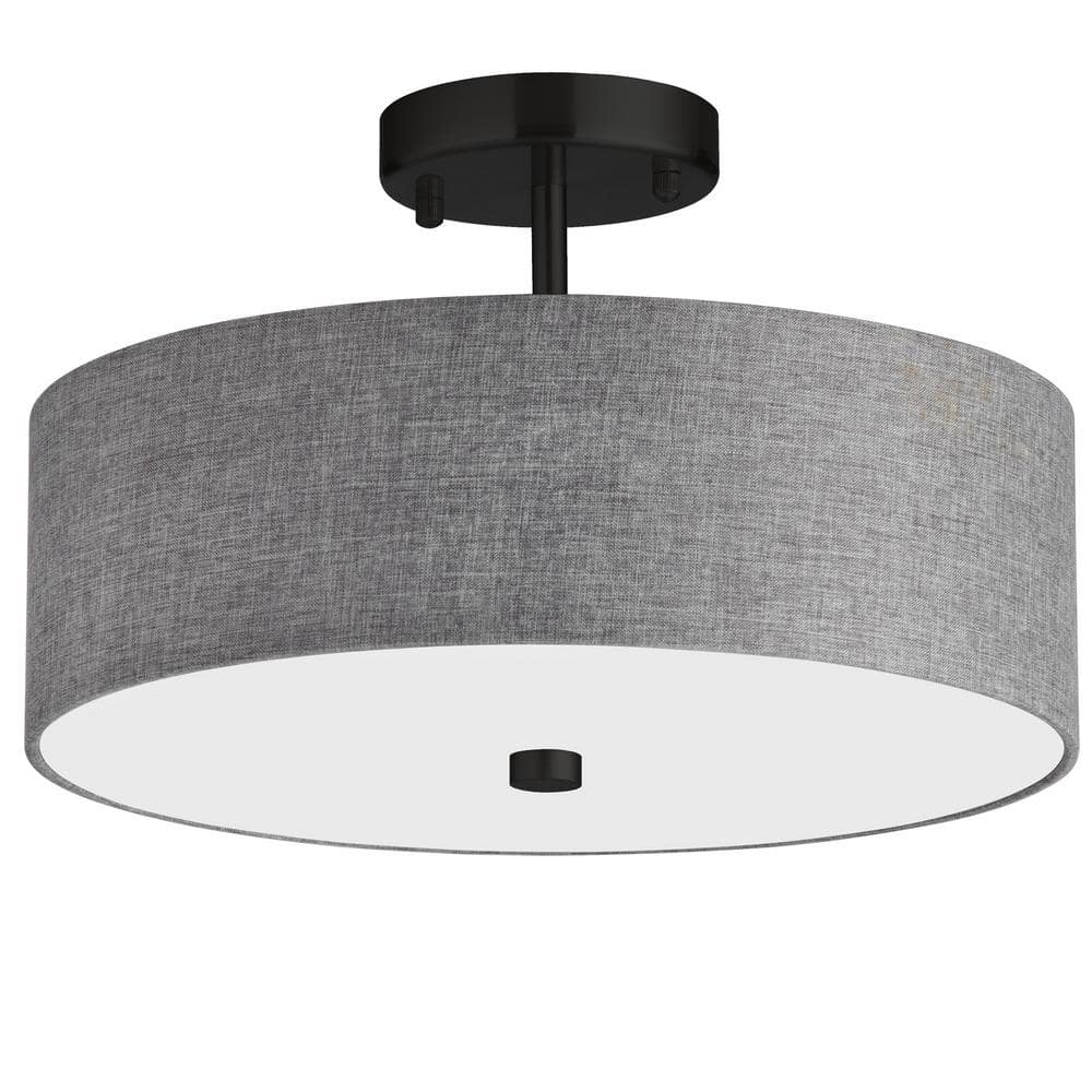 Dainolite Everly 14.25 in. 3-Light Matte Black Semi-Flush Mount with Grey Fabric Shade