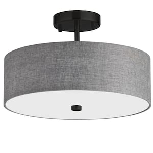 Everly 14.25 in. 3-Light Matte Black Semi-Flush Mount with Grey Fabric Shade