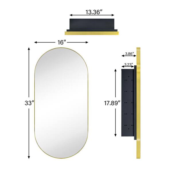 TEHOME 16-in x 33-in Recessed Mount Brushed Gold Mirrored Oval Medicine Cabinet