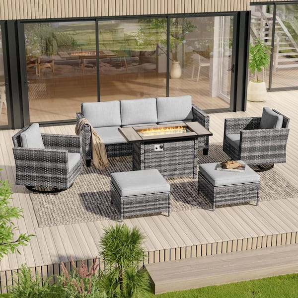 6-Pieces Patio Conversation Set with Rectangle Fire Pit Table and Swivel Rocking Chairs, Gray Wicker Linen Gray Cushion