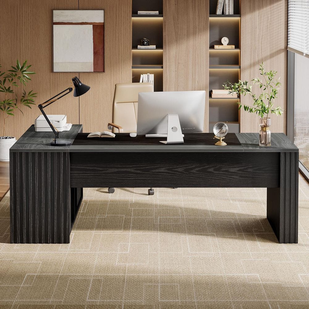 78 in. L Shaped Black and Gray Executive Desk with 2 Drawers and Storage Shelves, Modern Manager Desk with File Drawers