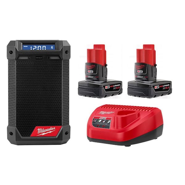 Milwaukee M12 12-Volt Lithium-Ion Cordless Bluetooth/AM/FM Jobsite Radio with Charger with Two M12 6.0 Ah Battery Packs & Charger
