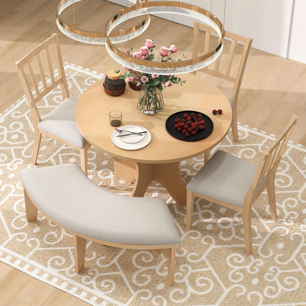 Kingsgrove Country 5-Piece Round Natural Finish MDF Wood Top Dining Table Set with Chairs & Curved Bench, 4 Seats price history on PriceWatchPro