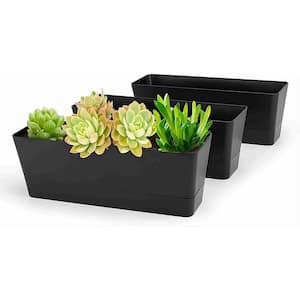 Black Rectangle Window Boxes, 3-Pack 12 in. x 3.8 in. Herb Planters with Tray, Indoor Succulent Cactus Mint Plastic box