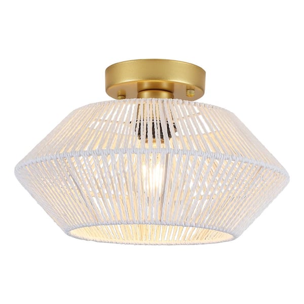 ADSENSTY 12.6 in. 1-Light Gold and White Bohemian Rattan Semi Flush Mount Ceiling Light for Dining Room