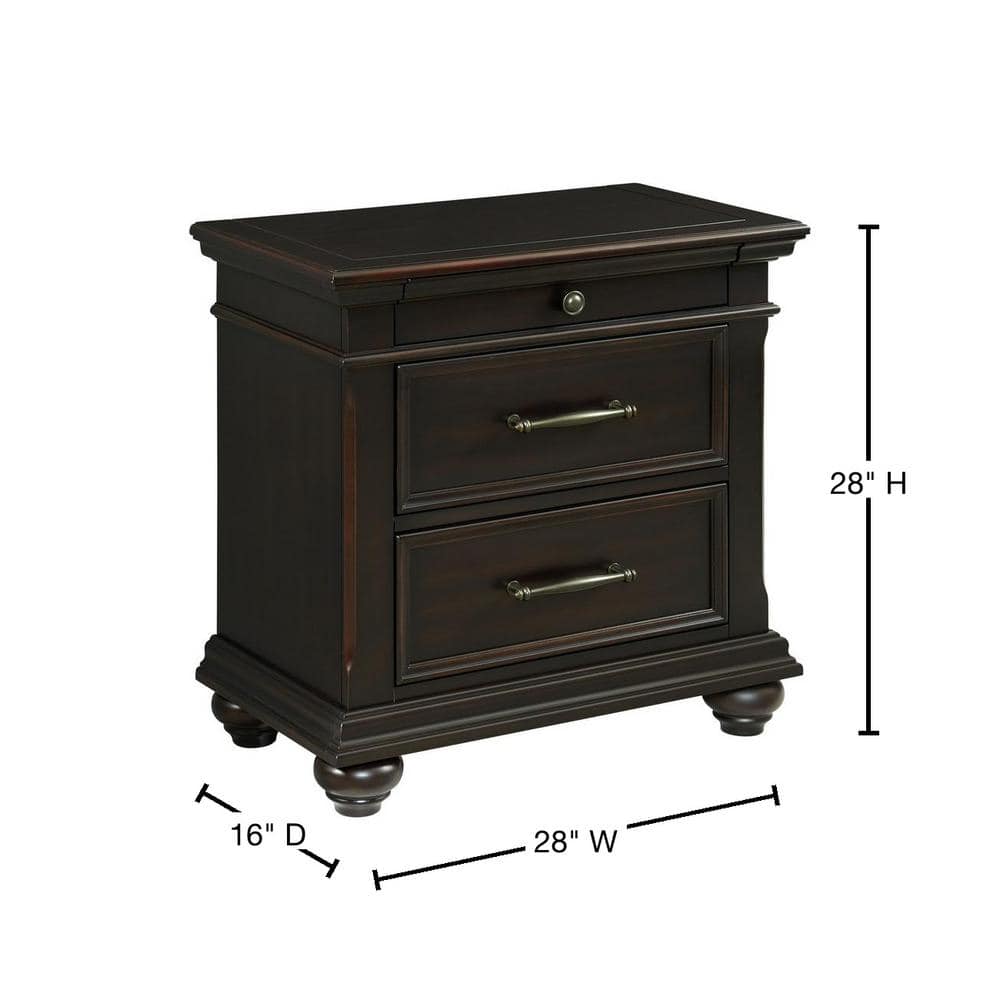 Brooks Black Poplar 3-Drawer Nightstand with USB Ports