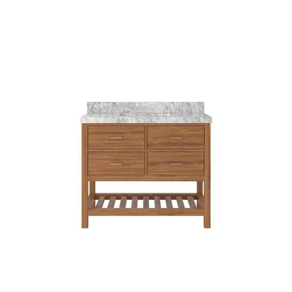 Willow Collections Parker Teak 42 in. W x 22 in. D x 36 in. H Single Sink Bath Vanity in Gold Teak with 2 in. Carrara Marble Top