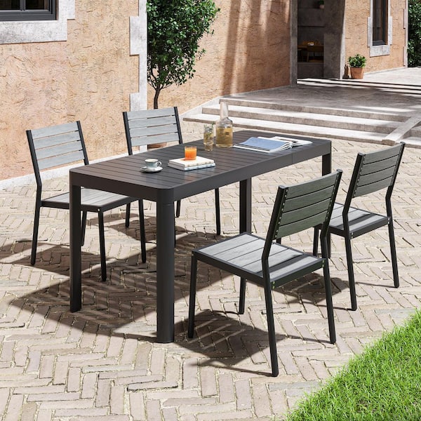 5-Piece Aluminum Patio Outdoor Dining Set Rectangle Extendable Table and Armless Stacking Wood-Like Chairs, Gray