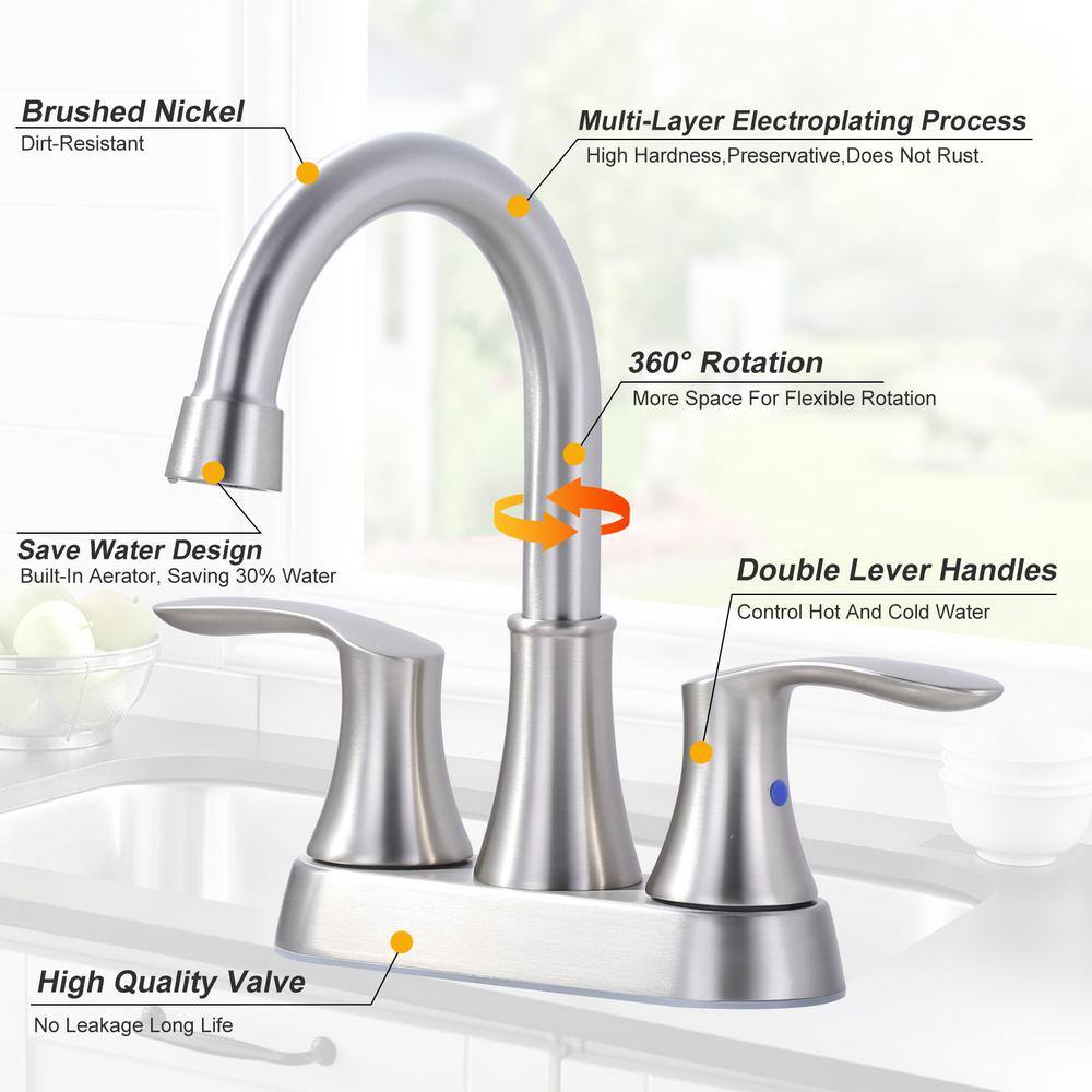 Brushed Nickel 4-Inch Centerset Double Handle High Arc Bathroom Faucet