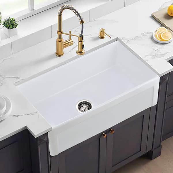 Staykiwi 33 in. Farmhouse Single Bowl White Ceramic Kitchen Sink with Bottom Grids