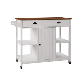 White Wood 43.3 in. Kitchen Island with Adjustable Shelf and Towel Bar