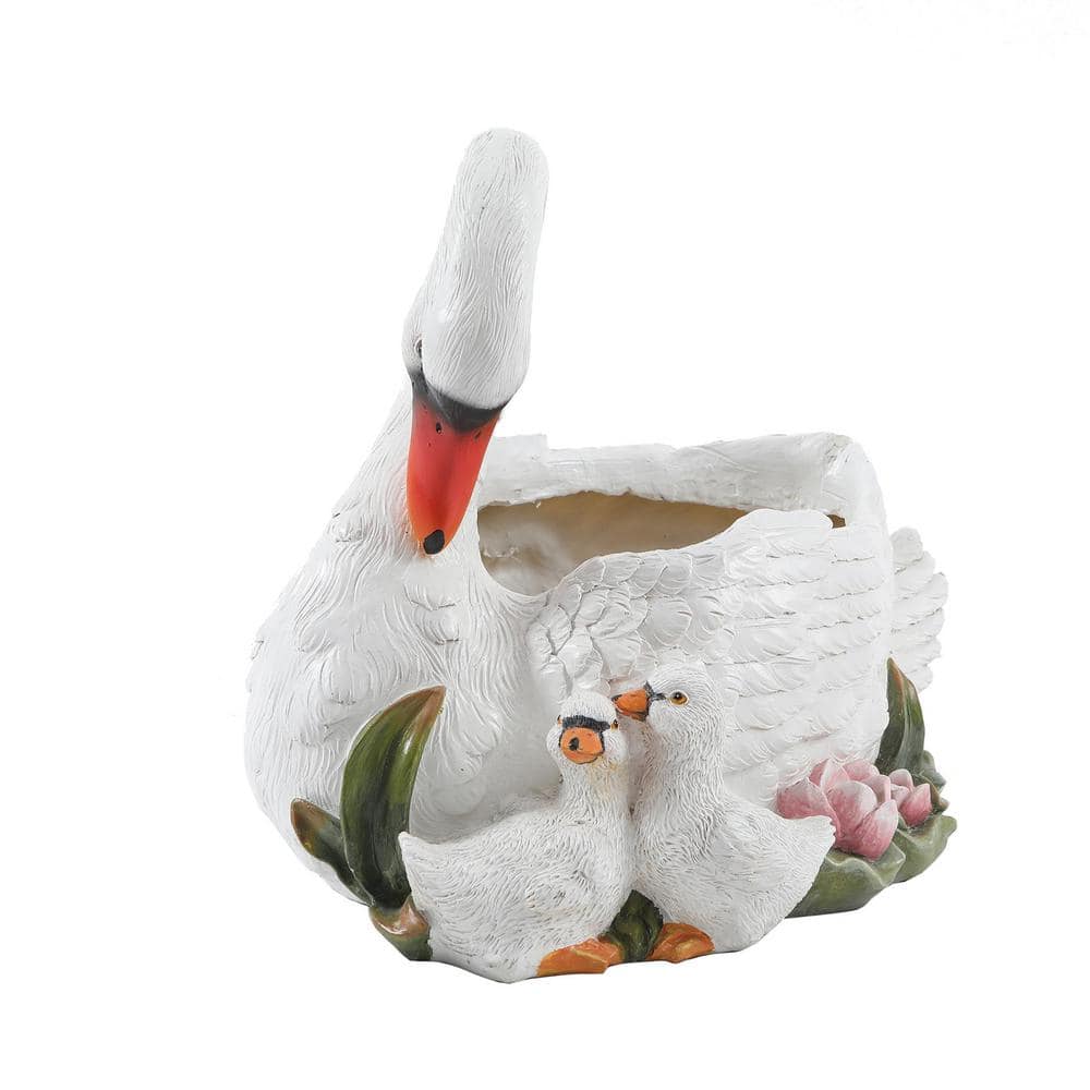 White Resin Swan Family Planter with Multicolor Accents