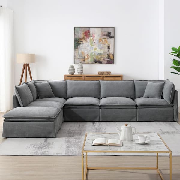 125.5 in. Square Arm Chenille Sofa in Light Gray with Movable Ottoman and Free Combination