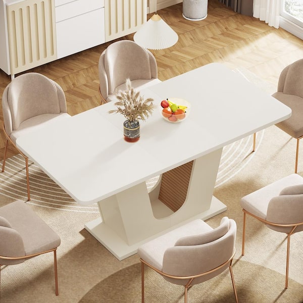 Halseey 55 in. Rectangular White Wood Large Pedestal Dining Table For 4-6 Kitchen Dinner Modern Home Office Desk