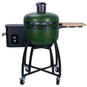 Outdoors Patio Green 24 in. Smoked Roasted BBQ Ceramic Pellet Grill in Color with 19.6 in Gridiron Double Ceramic Liner