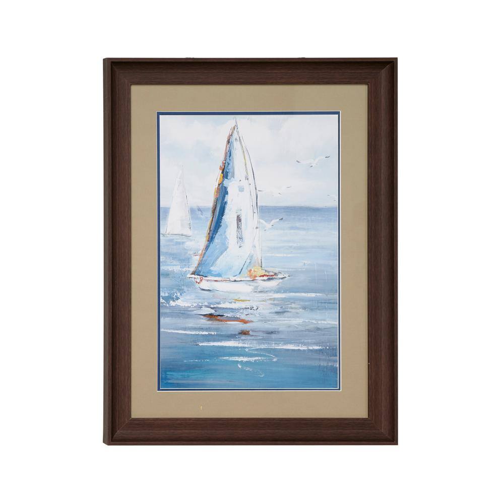 Blue Coastal Sailboat Painting Print in Dark Brown Wood Frame