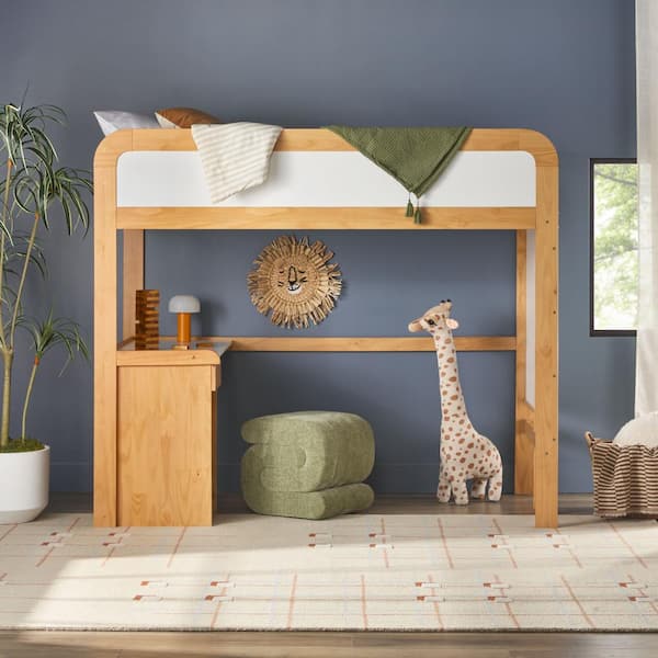 Walker Edison Furniture Company Contemporary Natural Pine Solid Wood Twin Loft Bed with Desk and Whiteboard