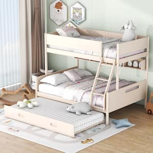 Cream Twin over Full Wood Bunk Bed with Storage Shelves, Twin Size Trundle, Built-in Inclined Ladder