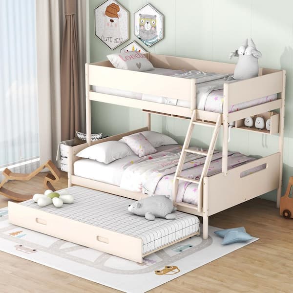 Harper & Bright Designs Cream Twin over Full Wood Bunk Bed with Storage ...