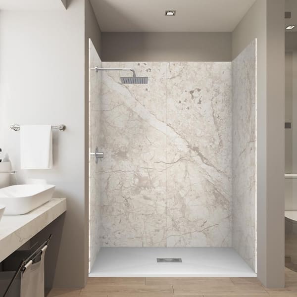 Botticcino Beige 32 in. x 60 in. x84 in Solid Composite Stone Alcove Shower Kit w/ Walls and White Pan Base Center Drain