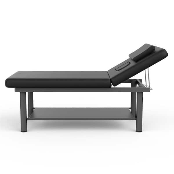 31.5 in. Black Beige Professional Massage Table Bed-Waterproof PU Leather Adjustable Chest Opening Round Iron Legs