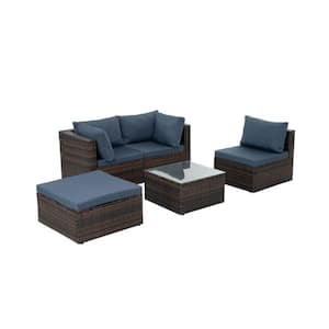 5-Pieces Outdoor Patio Brown Seasonal PE Wicker Conversation Set with Tempered Glass Coffee Table and Navy Bue Cushions