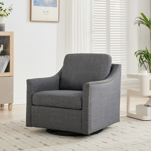 33.86 in. W Dark Gray 360° Swivel Armchair Upholstered with Stylish Metal Trim for Living, Office, and Leisure Rooms