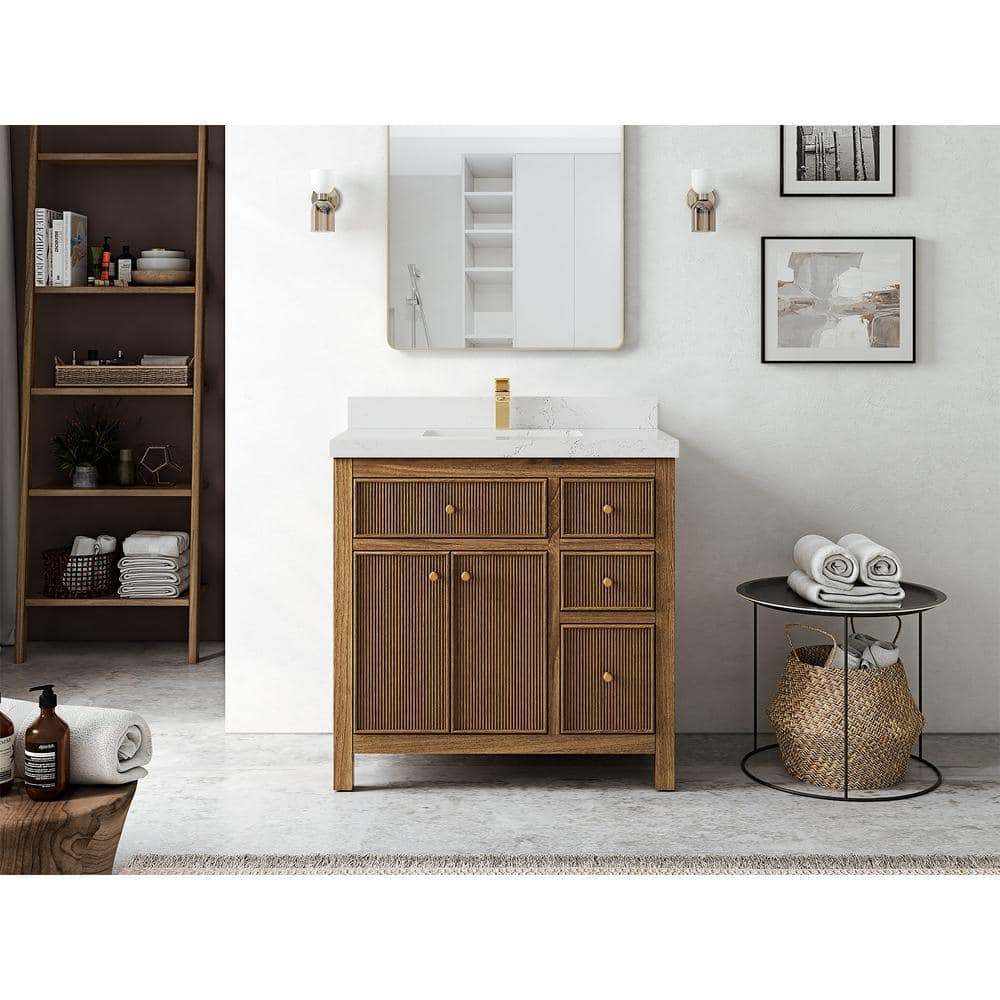 36'' Teak and Quartz Single Bathroom Vanity with Brass Knobs