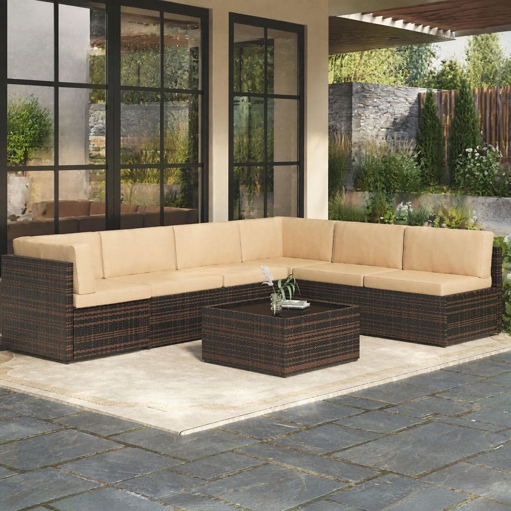 7-Piece Wicker Garden Sectional Furniture Set Outdoor Conversation Set with Brown Rattan&Beige Cushion price history on PriceWatchPro