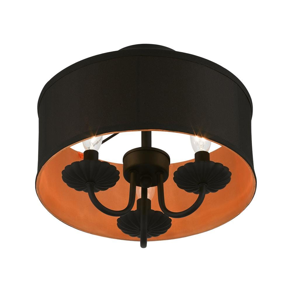 Transitional Black Glass Drum Semi-Flush Mount with Silky Orange Accent