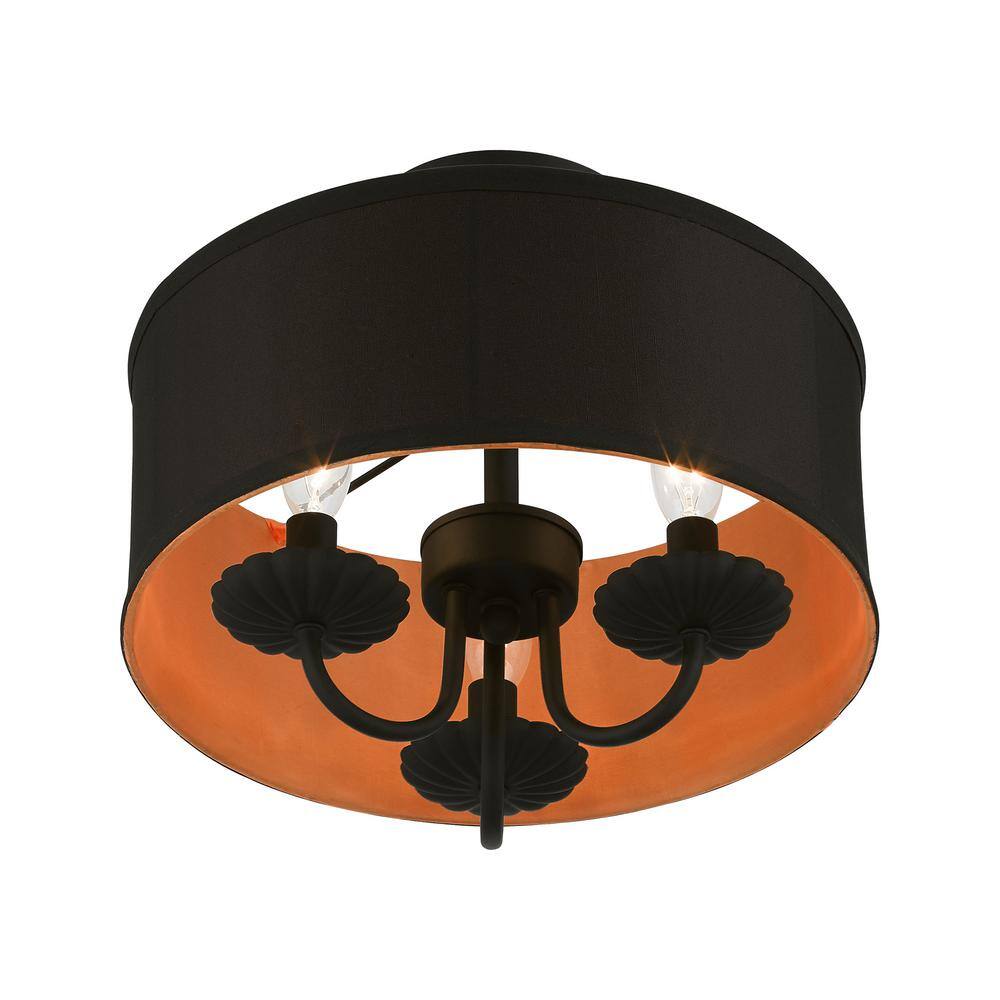 Transitional Black Glass Drum Semi-Flush Mount with Silky Orange Accent
