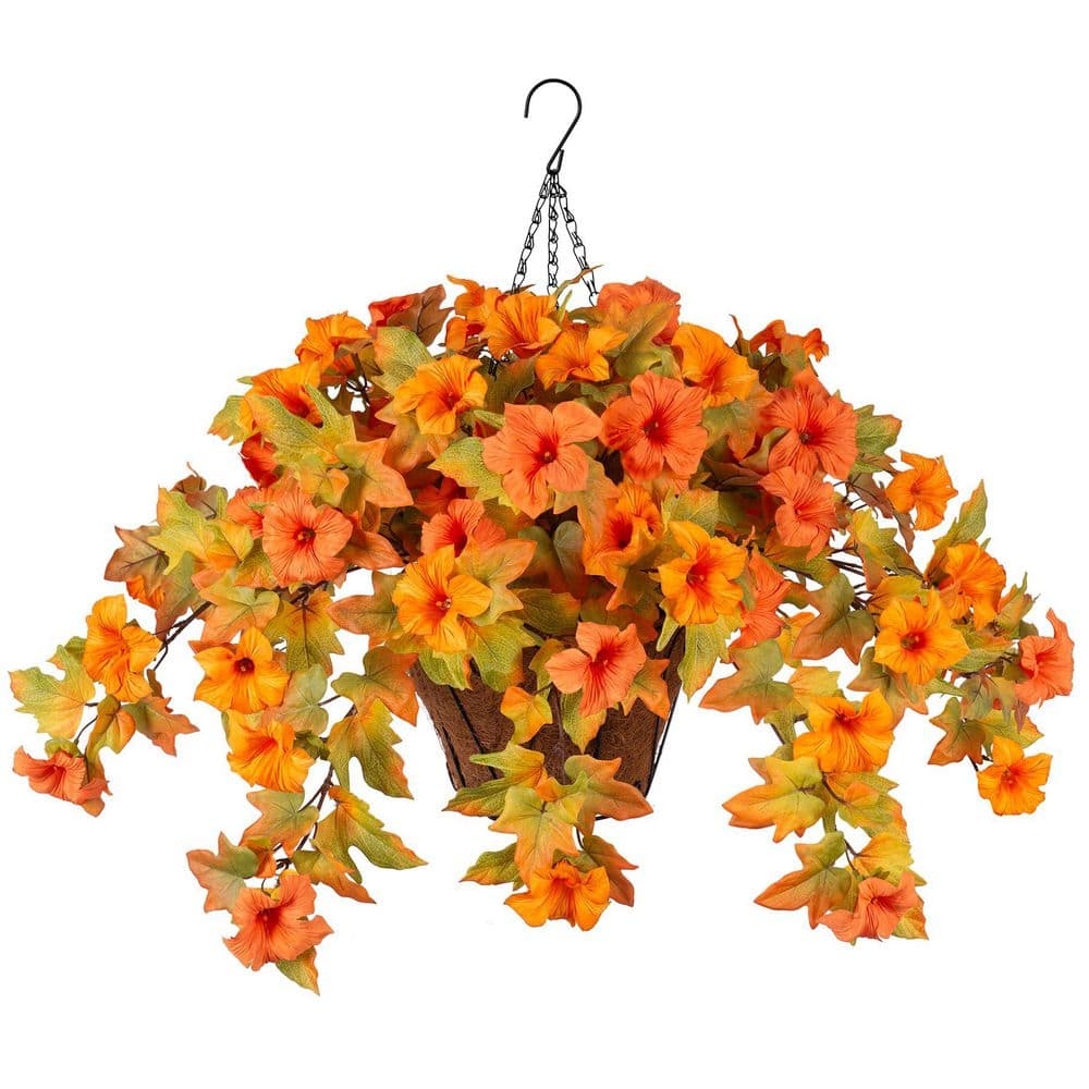 25 in. Orange Yellow Indoor/Outdoor Hanging Artificial Petunia