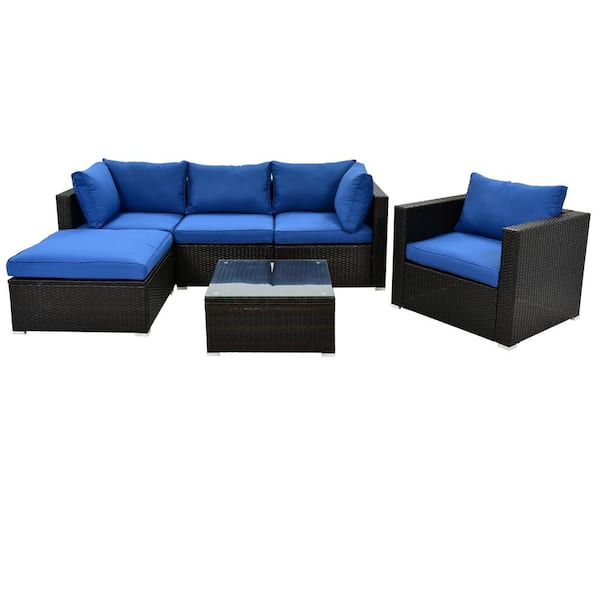 Willit 6-Piece Wicker Patio Conversation Sectional Seating Set with CushionGuard Blue Cushions