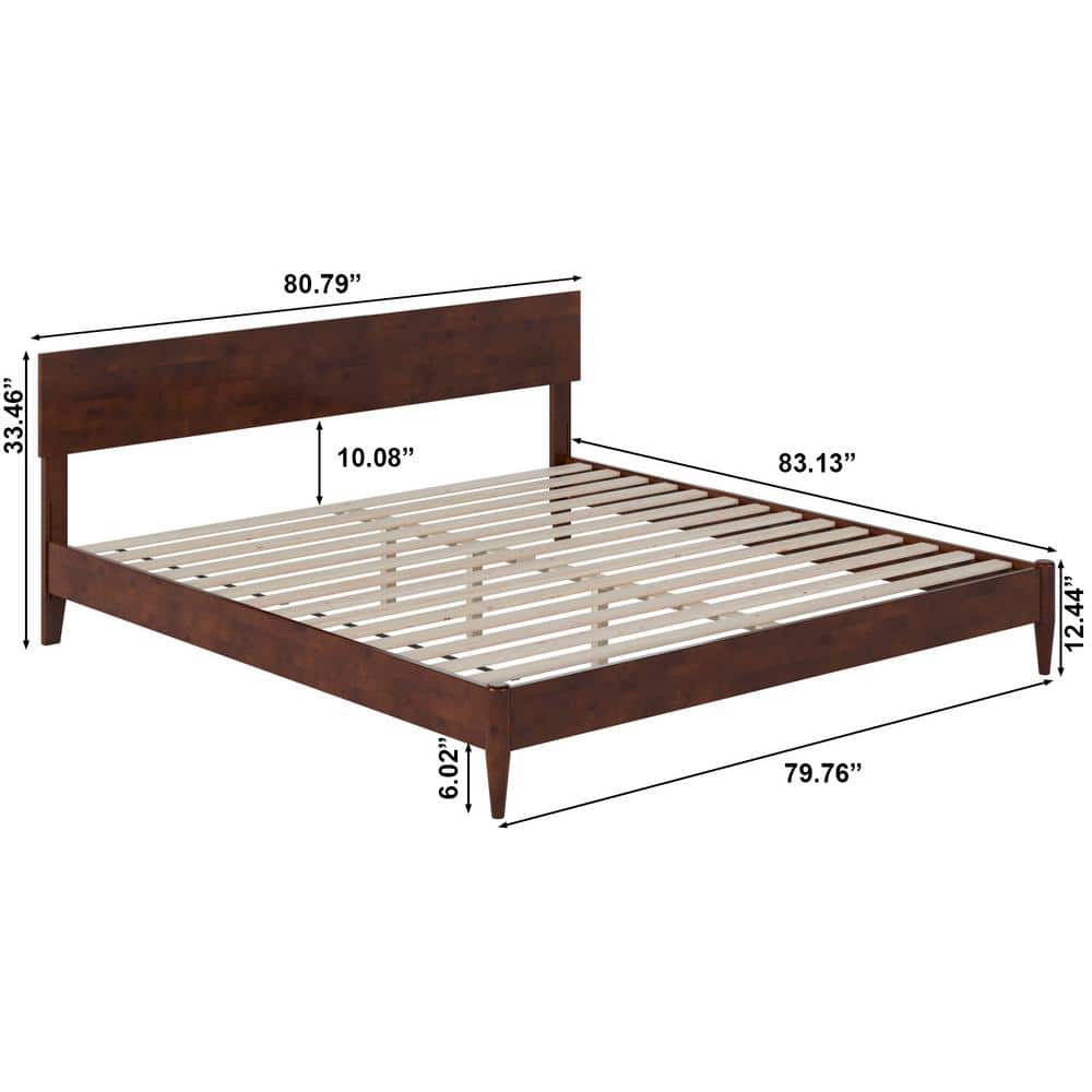 Aria King Walnut Wood Low Profile Platform Bed with Headboard