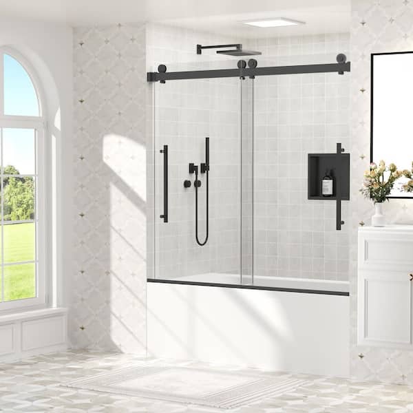 56 - 60 in. W x 60 in. H Sliding Frameless Tub Door in Matte Black with 5/16 in. Tempered Clear Glass