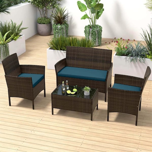 4-Piece Metal Rattan Patio Conversation Set with Blue Cushions