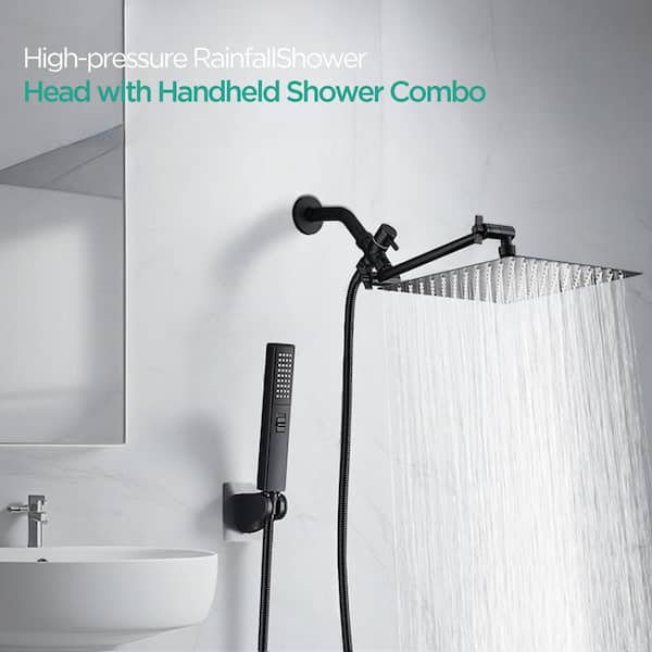10 in. 3-Spray Settings Wall Mount Handheld Shower Head 2.5 GPM with 180° Adjustable in Black
