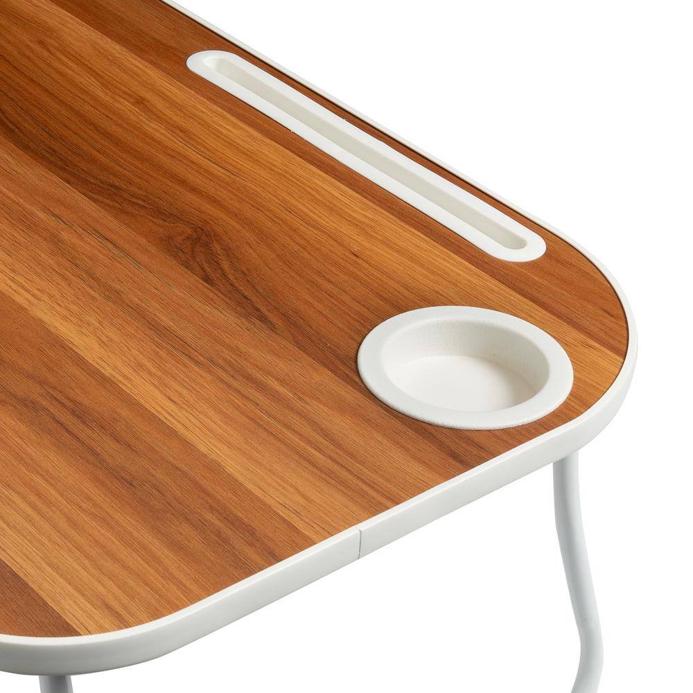 White and Faux Walnut Collapsible Folding Lap Desk with Cup Holder