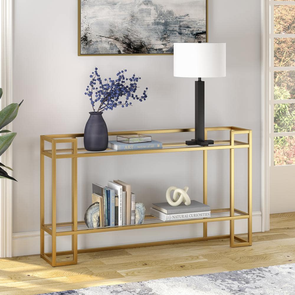 Art Deco-Inspired Brass Console Table with Tempered Glass Shelf